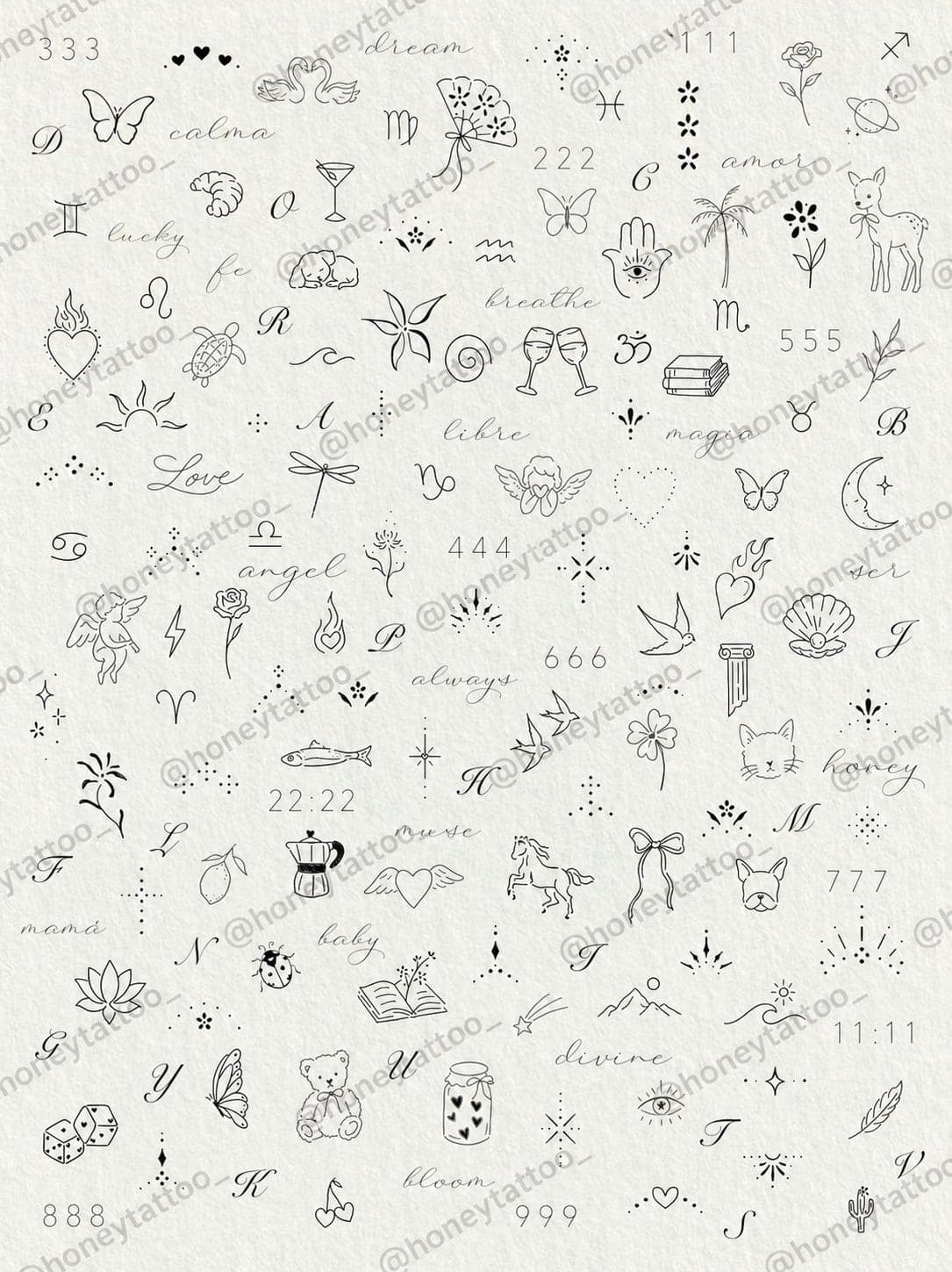 Planilla con más de cien diseños de micro tattoos